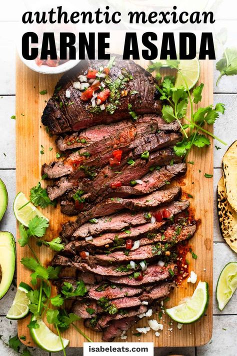 A delicious carne asada recipe made from marinated flank steak or skirt steak and grilled until tender and juicy. A great addition to any Mexican meal, this authentic recipe is made with olive oil, lime juice, garlic, cumin, oregano and other simple ingredients. Best Carne Asada Recipe, Asada Recipes, Dinner With Rice, Carne Asada Grilled, Steak Taco Recipe, Carne Asada Recipe, Carne Asada Marinade, Isabel Eats, Carne Asada Recipes