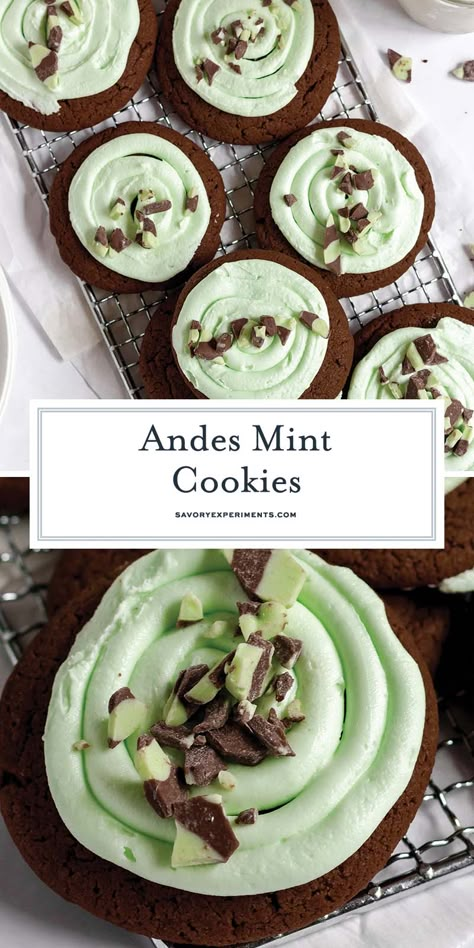 Soft and chewy, these chocolate and minty cookies don't require any chilling time and are frosting with lovely green icing and Andes mints. Green Icing, Andes Mint Cookies, Mint Frosting, Andes Mints, Crumble Cookie Recipe, Crumble Cookie, Chocolate Mint Cookies, Andes Mint, 2024 Recipes