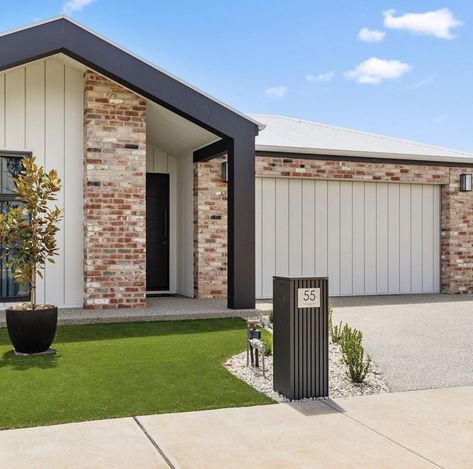 Modern Scandi Exterior, Cream Weatherboard Exterior, Weatherboard And Brick Exterior, Brick And Cladding Exterior, Colourbond House Exterior Colour Schemes, House Exterior Australian Cladding, Green Cladding Exterior, Modern Farmhouse Facade Australia, Colourbond House Exterior