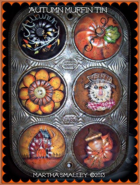 Apple Tree Cottage Original Design E Pattern by appletreecottage, $5.00 Muffin Tin Crafts, Painted Cans, Autumn Projects, Tin Crafts, Fall Paintings, Tree Cottage, Jello Mold, Tole Painting Patterns, Goose Creek