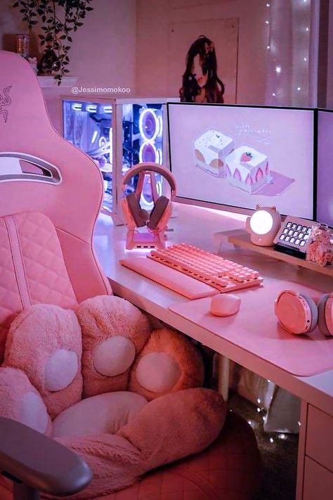 Kawaii Chair, Paw Cushion, Pink Gaming Setup, Bedroom Gamer, Games Room Inspiration, Gamer Bedroom, Room Decor Pink, Gaming Desk Setup, Gamer Chair