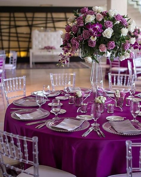 Amazing table-setting with lovely acrylic chairs and candelabra centerpiece… Magenta Wedding Decorations, Viva Magenta Wedding, Acrylic Chairs, Magenta Wedding, Candelabra Centerpiece, Purple Wedding Theme, Viva Magenta, Wedding Table Decorations, Lavender Wedding