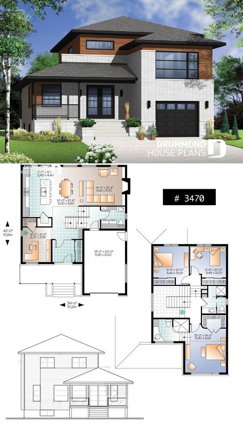 Modern House Floor Plans, Modern Floor Plans, Two Story House Plans, Two Story House, Covered Deck, Southern House Plans, Casas The Sims 4, Modern Style House Plans, Sims House Plans