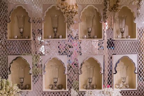 mirror-jharokhas-for Indian Sangeet decor - Witty Vows Decoration Wedding Indian, Sufi Night Decor, Rajasthani Interior, Sangeet Decor Ideas, Sangeet Theme, Candle Backdrop, Sufi Night, Flower Decoration For Ganpati, Shaadi Decor