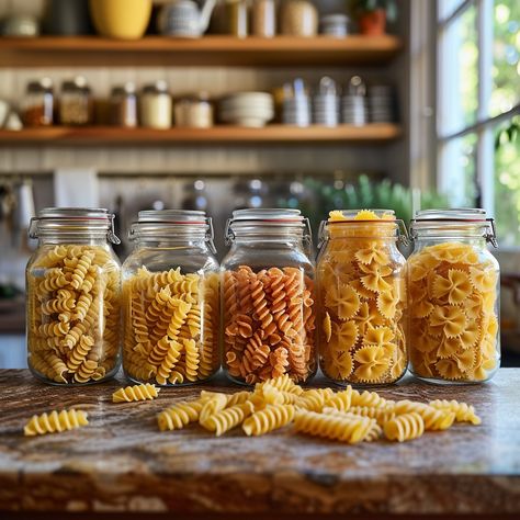 Pasta Storage #Display: Assorted #pasta types beautifully displayed in clear glass #jars on a wooden #kitchen counter. #wooden #counter #aiart #aiphoto #stockcake ⬇️ #Download and 📝 #Prompt 👉 https://stockcake.com/i/pasta-storage-display_221875_41478 Wooden Kitchen Counter, Pasta Jars, Pasta Storage, Pasta Types, Wooden Counter, Clear Glass Jars, Drying Pasta, Storage Display, Wooden Kitchen