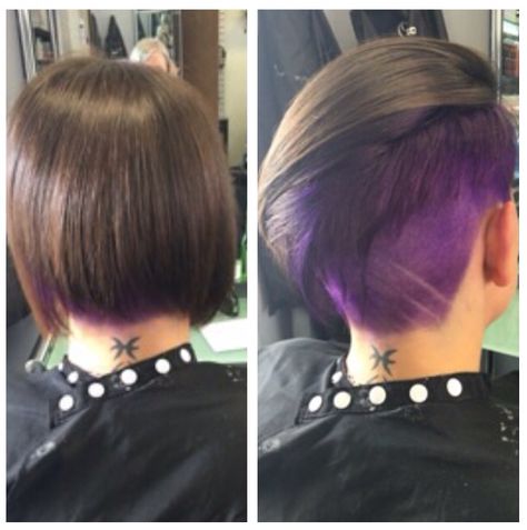 Purple undercut Girly Undercut, Purple Undercut, Underdye Hair, Peekaboo Color, Hair References, Undercut Bob, Undercut Styles, Diy Dye, Hair Reference