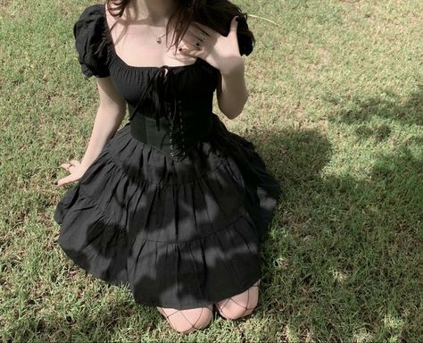 Alt Sundress Outfit, Alt Sundress, Goth Summer Dress, Black Flowy Dress Outfit, Black Emo Dress, Emo Dress Outfit, Romwe Outfit Ideas, Goth Sundress, Vamp Fits