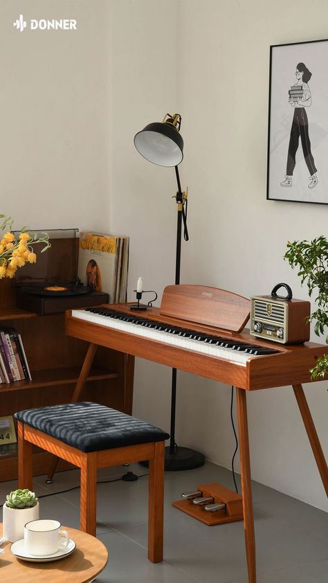 Piano Mid Century Modern, Wood Keyboard Stand, Keyboard Room Ideas, Donner Ddp-80, Piano Living Room Ideas, Keyboard In Living Room, Room With Piano, Piano Corner Living Room, Digital Piano In Living Room