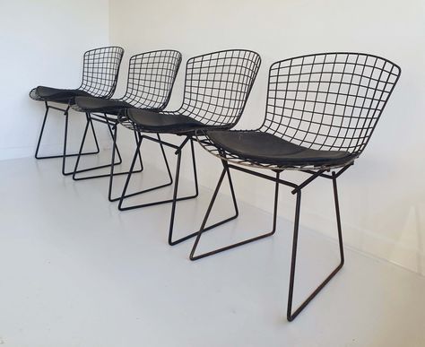 4 Early Production Black Bertoia Side Chairs By Knoll, C.1960 Detroit Apartment, Bertoia Side Chair, Moving To Italy, Harry Bertoia, Vintage Dining Chairs, Pad Design, Seat Pads, Dining Room Design, Side Chairs