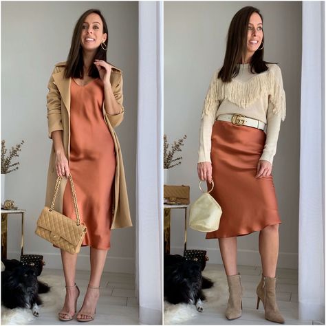 Silk Dress With Cropped Sweater, Brown Slip Dress Outfit, Pink Slip Dress Outfit, How To Style A Slip Dress, Dress Jacket Outfit, Slip Dress Layering, Sweater Booties, Target Outfits, Brown Slip Dress