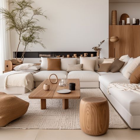 Modern Japandi living room, natural wood, beige and tan accents, living tree. Japandi Interiors Living Room, Living Room Japandi, Japandi Living Room, Japandi Interiors, Bantal Sofa, Japandi Living, Beige Living Rooms, Casas The Sims 4, Living Room Design Inspiration