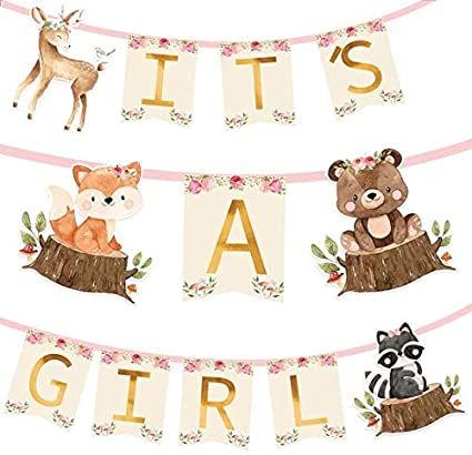 Woodland Theme Baby Shower Girl, Woodland Baby Shower Theme Girl, Fox Baby Shower Theme, Woodland Animal Baby Shower Theme, Girl Woodland Baby Shower, Animal Creatures, Woodland Baby Girl, Boho Themed Party, Its A Girl Banner