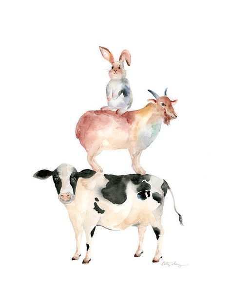 Rabbit, Goat, and Cow - Chinese Zodiac Inspired Watercolor Art Print – Easy Sunday Club Wall Art For Nursery, Art For Nursery, Owl Watercolor, Diy Watercolor Painting, San Gabriel, Loose Watercolor, Diy Watercolor, Floral Prints Art, Chinese Zodiac