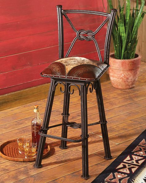 Coronado Iron Barstool with Swivel Back - Set of 2 Rustic Accent Furniture, Western Bar Stools, Wrought Iron Bar Stools, Cowhide Decor, Rustic Bar Stools, Iron Stools, Iron Bar Stools, Black Forest Decor, Rustic Bar