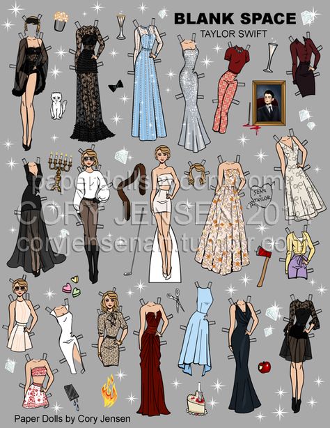 Taylor Swift and all the costume changes right down to the accessories in music video  "Blank Space", by Cory Jensen. Blank Space Music Video Outfits, Blank Space Outfits Taylor Swift, Blank Space Costume, Taylor Swift Blank Space Outfits, Taylor Swift Paper Doll Template, Blank Space Outfits, Taylor Swift Paper Craft, Taylor Swift Paper Doll, Taylor Swift Music Video Outfits