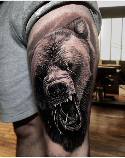 Snarling Bear Tattoo, Warrior Bear Tattoo, Bear Neck Tattoo, Grizzly Bear Tattoos For Men, Bear Leg Tattoo, Bear Tattoos For Men, Chicago Bears Tattoo, Grizzly Tattoo, Polka Tattoo Designs