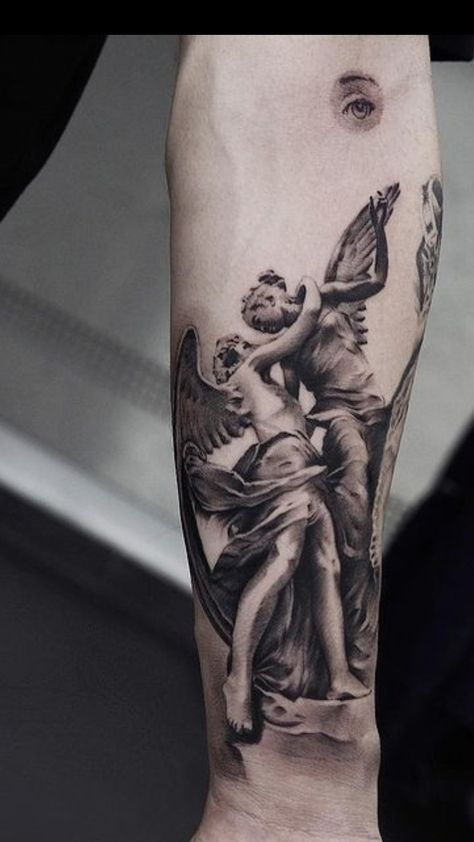 Renicansse Art Tattoos, Painting Tattoo Ideas, Pieta Tattoo, Realism Tattoo Sleeve, Angel Tattoo Arm, Angel Sleeve Tattoo, Mario Tattoo, Statue Tattoo, Back Piece Tattoo