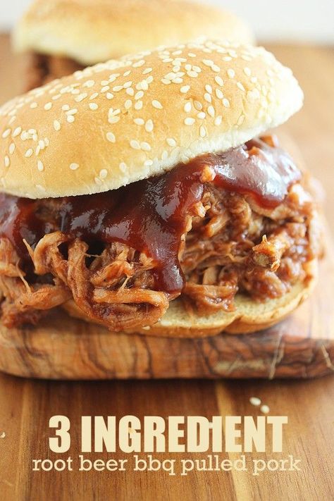 3-Ingredient Root Beer BBQ Pulled Pork Root Beer Pulled Pork, Pulled Pork Crock, Beer Pulled Pork, Crock Pot Pulled Pork Recipe, Pork Crockpot Recipes, Pulled Pork Sandwiches, Pulled Pork Recipe, Pork Sandwiches, Crockpot Pulled Pork