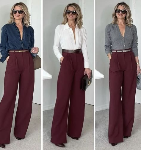 Outfit Pantalon Vino, Burgundy Pants Outfit, Classy Fashion Style, Colour Combinations Fashion, Color Combos Outfit, Color Combinations For Clothes, Luxury Photography, Mode Boho, Classy Work Outfits