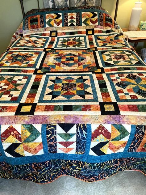 New Hand Quilted Sangria Quilt, Bright Colors, Queen Size, Batik Fabrics | eBay Leaf Quilt, Sampler Quilts, Picture Quilts, Back To Home, Hexagon Quilt, Sampler Quilt, Shopping Ideas, Batik Fabric, Hand Quilting