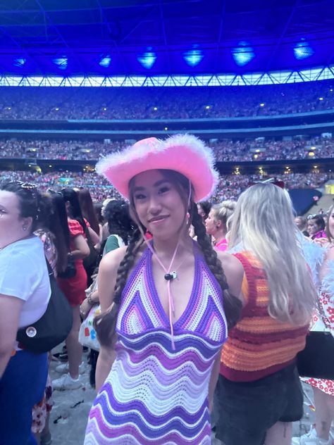 Crochet dress Cowboy hat Harry styles concert Love on tour concert Concert outfit Cowboy Hat Harry Styles, Love On Tour Crochet, Harry Styles Love On Tour Outfits, Love On Tour Outfits, Harry Styles Concert, Concert Fashion, Harry Styles Love On Tour, Love On Tour, Cowboy Hat