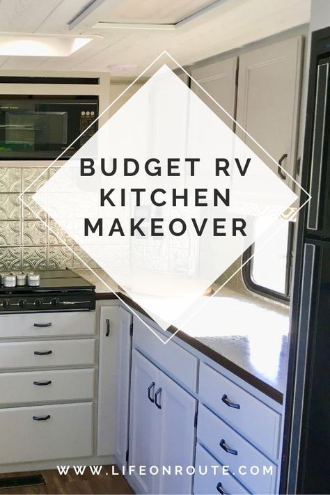 Our RV Kitchen remodel really made our motorhome feel like home. Between painting the cabinets, changing the backsplash, improving the layout and installing new counters it made the kitchen feel brand new on a small budget. Learn the steps it took to make this RV kitchen renovation really pop. #renovation #rvliving #kitchenreno #rvmakeover Rv Kitchen Remodel, Diy Camper Remodel, Rv Kitchen, Rv Makeover, Diy Rv, Rv Renovations, Camper Makeover, Camper Renovation, Diy Countertops