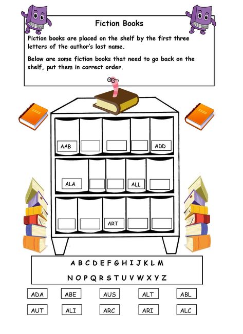 Library Alphabetical Order, Library Skills Worksheets Free Printable, Library Worksheets, Alphabetical Order Worksheets, Abc Order Worksheet, School Library Lessons, Kindergarten Library, Library Orientation, Preschool Library