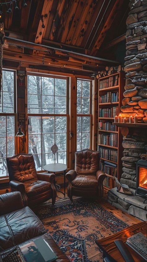 Cozy winter cabin with fireplace, books, and snowy view, perfect for a serene retreat. Cozy Winter Cabin, Fall Outside, Cabin Retreat, Snowflakes Falling, Winter Cabin, Cozy Winter, Rustic House, Winter Wonderland, Fireplace