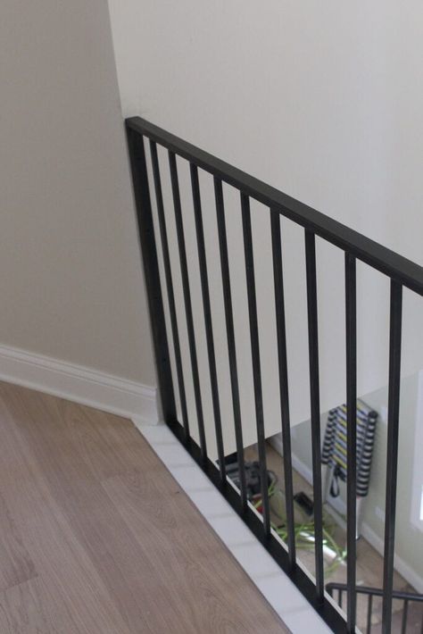 Railing Remodel, Staircase Transformation, Oak Railing, Metal Staircase Railing, Rod Iron Railing, Modern Farmhouse Staircase, Indoor Stair Railing, Foyer Designs, Black Stair Railing