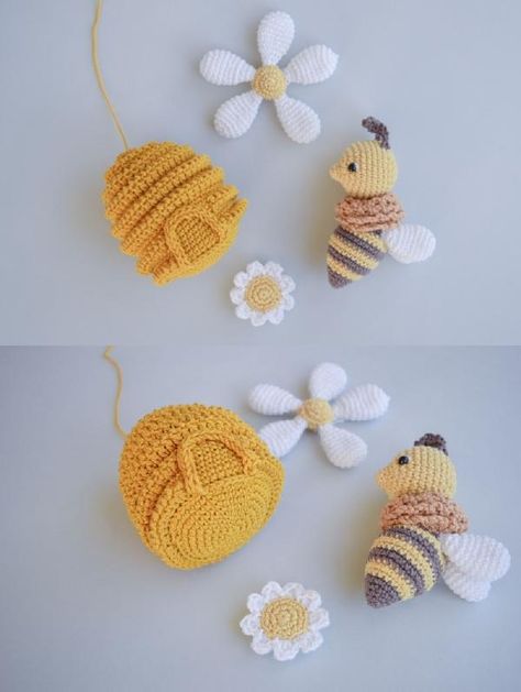 Crochet Beehive Pattern Free, Beehive Crochet Pattern, Crochet Beehive Pattern, Crochet Beehive, Beehive Crochet, Small Bee Crochet Pattern, Crochet Bee Mobile, Beehive With Bees Crochet, Tiny Bee Crochet Pattern