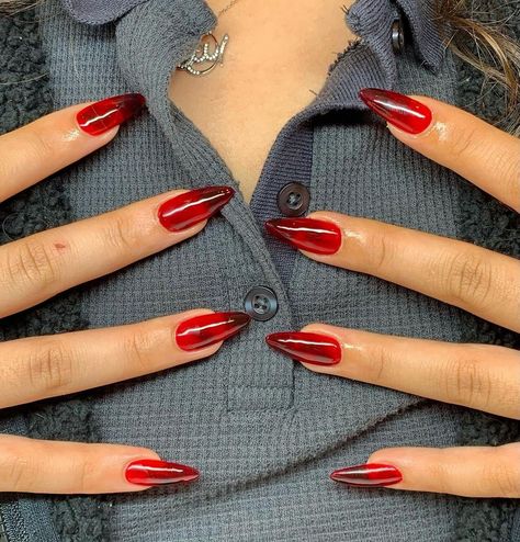 Glass Nails Red, Clear Red Acrylic Nails, Translucent Red Nails, Red Nails Jelly, Medium Stiletto Nails Designs, Red Jelly Stiletto Nails, Red Clear Nails, Glass Red Nails, Clear Red Nails