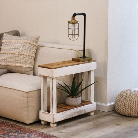 "Our Luxe Accent Table will make the perfect addition to your home. The table measures 26x8x23H and is made entirely of reclaimed wood. Porch End Table Ideas, Rectangle End Tables Living Room, Living Room End Tables Ideas, Cattery Ideas, Living Room Designs Farmhouse, Living Room Side Tables, Narrow Nightstand, Hall Console, Rustic Sofa