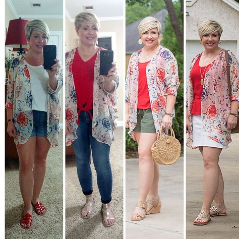 The perfect summer layer- the kimono. One kimono styled four ways for summer and fall. #Petite #summeroutfit River Outfits Summer Casual, Winery Outfit Casual, Summer Winery Outfit, Summer Wineries Outfit, Kimono With Jeans, Kimono With Shorts, Travel Wardrobe Spring, River Outfit, Kimono Outfits