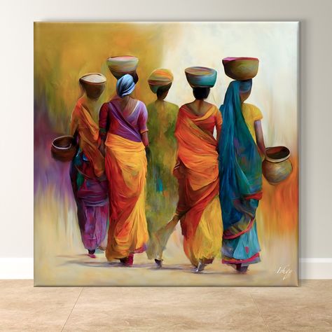 Indian Women Painting, Large Wall Art - Framed Canvas, Cultural Decor, Vibrant Traditional Poster, Ethnic Heritage Home Gift Idea by IshqyBusiness on Etsy Traditional Poster, Indian Wall Art, Indian Women Painting, South Asian Art, Afrikaanse Kunst, Women Painting, Indian Painting, Indian Folk Art, Indian Home Decor