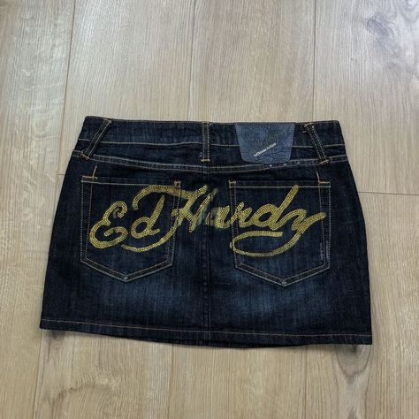 2000s Skirt, Denim Mini Skirts, 2000s Clothing, Y2k Mini Skirt, 2000s Fashion Outfits, Logo Designer, Swaggy Outfits, Women's Skirts, Ed Hardy