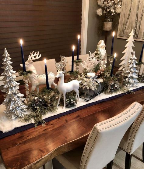 Deer Themed Christmas Decor, Table Top Christmas Tree Ideas, Christmas Dining Table Centerpiece, Dining Table Centerpiece Ideas, Christmas Dining Table Decorations, Dining Table Decorations, Vibrant Color Palette, Cardboard Houses, Christmas Dining Table Decor