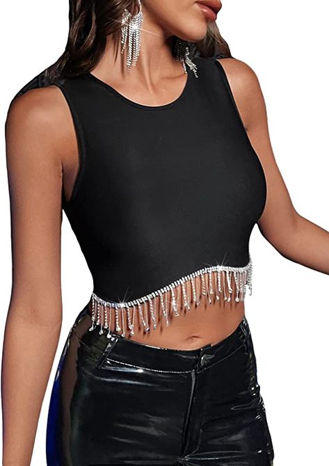 #amazonfinds #festival #concert #countrychic #ad Black Leather Crop Top, Leather Crop Top, Rhinestone Fringe, Black Crop Top Tank, Preppy Casual, Crop Tank Top, Festival Looks, Sleeveless Crop Top, Fringe Trim