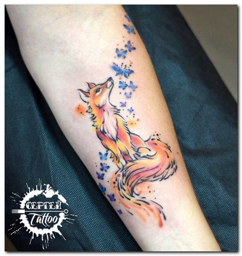 Small Fox Tattoo, Red Fox Tattoos, Watercolor Fox Tattoos, Fox Tattoo Design, Body Tattoo Design, Shoulder Tattoos, Gorgeous Tattoos, Sunflower Tattoos, Tatuaje A Color