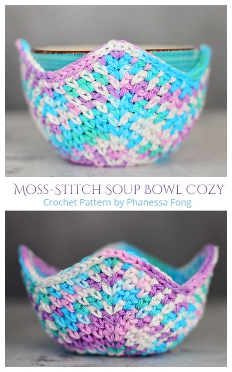 Moss-Stitch Soup Bowl Cozy Crochet Patterns Bowl Cozy Crochet, Soup Bowl Cozy, Crochet Bowl, Crochet Hot Pads, Cozy Crochet Patterns, Crochet Cozy, Bowl Cozy, Cozy Crochet, Stil Boho