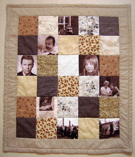 I have wanted a photo quilt since I saw the move "step mom".  Definately needs more pics and brighter colors Genealogy Crafts, Necktie Quilt, Memory Blanket, Photo Quilts, Memory Quilts, Memory Pillows, Picture Quilts, Ideas Hogar, Memory Quilt