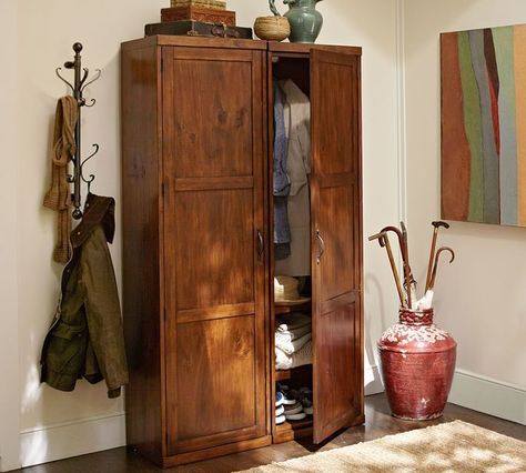 Pottery Barn  Olivia Wall Mounter Locker Tower. Keep the entryway organized with this space-saving tower. Sturdy shelves and hooks inside provide a tidy home for coats, bags and other essential gear. The tower’s doors can be adjusted to open from the left or right for an ideal fit. #Sponsored #PotteryBarn Entryway Armoire, Coat Closet Ideas, Pottery Barn Furniture, Painting Wooden Furniture, Coat Closet, Entryway Storage, Entry Way Design, Entryway Organization, Tuscan Decorating