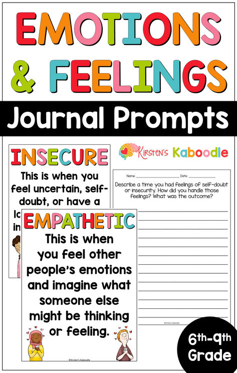 These emotion writing prompts for kids are the perfect way for your middle school students to reflect on their feelings and emotions in certain situations. These journal prompts about feelings ask children to think and write about a time when they were experiencing different emotions. These writing prompts about feelings also include posters to help your students understand the definition of each emotion or feeling. Click to preview and find out if these are the perfect fit for your classroom. Emotion Writing, Daily Journal Writing, Feelings Journal, Some Sentences, Social Emotional Activities, Daily Journal Prompts, Writing Prompts For Kids, Middle School Language Arts, Work Journal