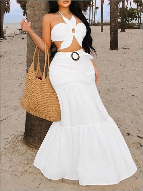 Women's 2 Piece Outfits Cut Out Halter Neck Tie Backless Crop Top and Flared Hem Maxi Skirt Set Classy Outfits Aesthetic, Feminine Outfits Classy, Dark Feminine Outfits, Maxi Skirt Set, Backless Crop Top, Diy Clothing, Feminine Outfit, Summer Fashion Outfits, Outfits Aesthetic