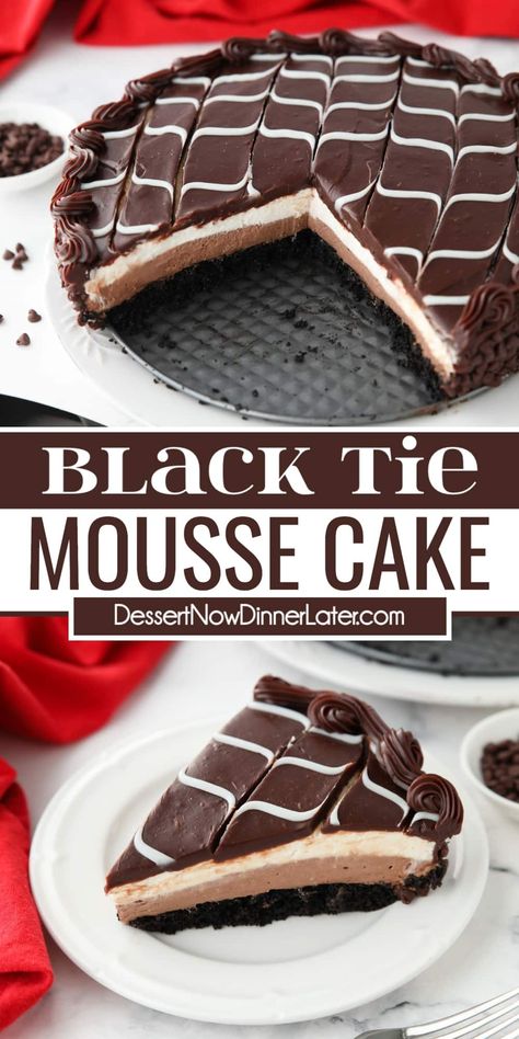 This copycat Olive Garden Black Tie Mousse Cake is beautiful with rich layers of chocolate cake, no bake chocolate cheesecake, and vanilla mousse covered in smooth ganache and mini chocolate chips. Step-by-step photo tutorial included. Olive Garden Black Tie Mousse Cake, Black Tie Mousse Cake, Best Coconut Cake Recipe, Chocolate Goodies, No Bake Chocolate Cheesecake, Copycat Olive Garden, Desserts With Few Ingredients, Vanilla Mousse, Mousse Cake Recipe