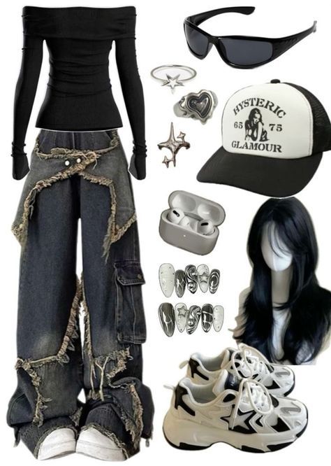 Y2k Clothes Grunge, Y2k Rock Outfits, Y2k Clothes Ideas, Gothic Y2k Outfits, Y2k Black Outfit, Y2k Clothing Aesthetic, Gothic Outfits Casual, Gothic Aesthetic Outfit, Y2k Style Outfits