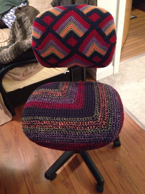 My crocheted covered office chair! Knitted Chair Cover, Crochet Desk Chair Cover, Crochet Office Chair Cover, Crochet Chair Cover, Crochet Sofa Cover, Desk Chair Covers, Crochet Furniture, Chair Back Covers, Crochet Pouf