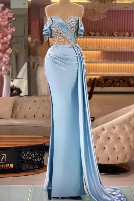 18th Birthday Dinner, Sky Blue Prom Dress, Elegant Evening Dresses Long, Best Formal Dresses, Prom Goals, Champagne Prom Dress, Blue Ball Gowns, Prom Dresses Long Mermaid, Simple Prom Dress