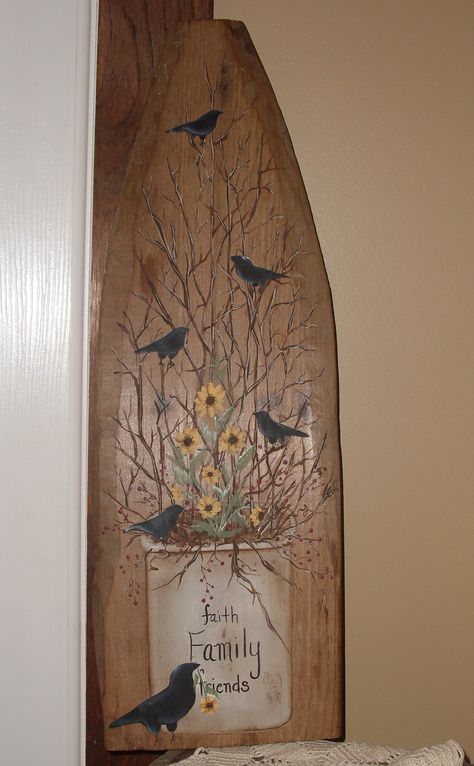 Primitive painting on old board used to stretch hyde. Welcome Ironing Board Signs, Painted Ironing Boards, Painted Ironing Board, Wood Ironing Boards, Vintage Ironing Boards, Primitive Crow, Old Ironing Boards, Wooden Ironing Board, Crow Painting