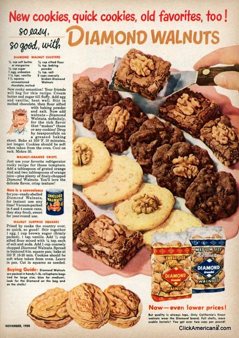 3 wonderful walnut cookie recipes (1950) Walnut Clusters, Apple Pie Cookie Recipe, Walnut Cookie Recipes, Vintage Food Posters, Quick Cookies, Retro Food, Walnut Cookies, Caramel Cookies, Unsweetened Chocolate