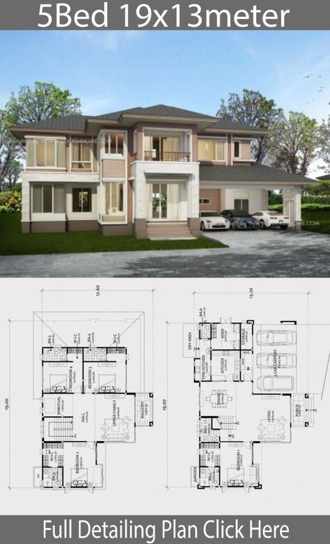 Home Design Plan 15x18m With 5 Bedroom - House Idea 45E Two Story House Design, Modern House Floor Plans, 2 Storey House Design, Beach House Plans, Two Story House, Duplex House Plans, House Plan Gallery, Home Design Floor Plans, House Construction Plan